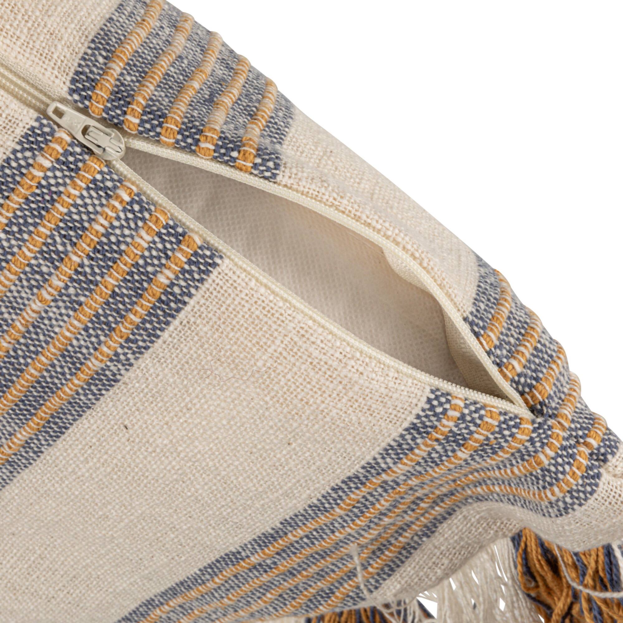 Hello Honey® Blue & Yellow Stripes on Cream Cotton Throw Pillow with Fringe